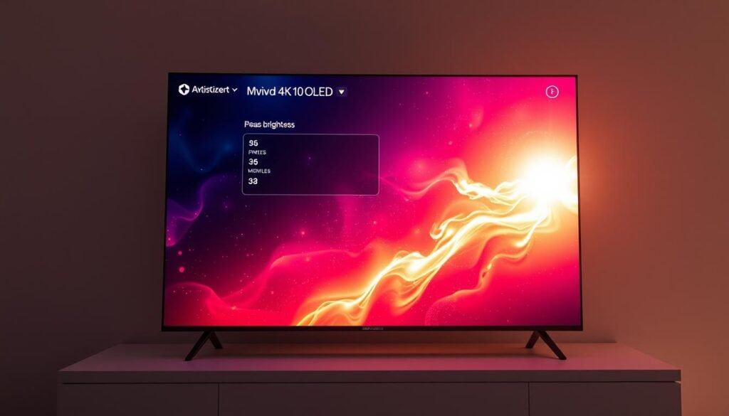 Vivid 4K OLED display with 5,000 nits peak brightness and 42 pixels per degree sharpness. Luminous panel glows in a high-contrast, HDR10 scene with warm highlights and deep shadows. Precisely engineered optics capture the display's impressive dynamic range and clarity. Photorealistic image of a digital interface showcasing the display's exceptional visual performance, set against a sleek, minimalist background.