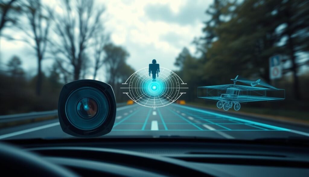 A cutting-edge image showcasing the core components of an AI sensor fusion system for electric vehicles. In the foreground, a sleek, high-resolution camera sensor captures the world with vivid clarity. In the middle ground, a state-of-the-art radar unit sweeps the environment, detecting objects with millimeter-wave precision. And in the background, a powerful LiDAR system scans the surroundings in 3D, painting a detailed map of the vehicle's environment. These advanced sensors work in perfect harmony, synchronized to within a millisecond, delivering a comprehensive real-time understanding of the driving conditions without any cloud-based delays. The image exudes a sense of technological prowess and the future of autonomous mobility. A cutting-edge image showcasing the core components of an AI sensor fusion system for electric vehicles. In the foreground, a sleek, high-resolution camera sensor captures the world with vivid clarity. In the middle ground, a state-of-the-art radar unit sweeps the environment, detecting objects with millimeter-wave precision. And in the background, a powerful LiDAR system scans the surroundings in 3D, painting a detailed map of the vehicle's environment. These advanced sensors work in perfect harmony, synchronized to within a millisecond, delivering a comprehensive real-time understanding of the driving conditions without any cloud-based delays. The image exudes a sense of technological prowess and the future of autonomous mobility.