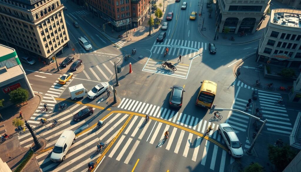 A dynamic, photorealistic simulation of a busy urban intersection, captured from an elevated perspective. The scene features a complex network of roads, with vehicles of various sizes and shapes navigating through the intricate flow of traffic. Pedestrians and cyclists weave through the congestion, while traffic signals and signage guide the choreographed movement. Realistic environmental details, such as detailed buildings, streetlights, and dynamic weather conditions, create a visually immersive and lifelike setting. The lighting casts dramatic shadows, conveying a sense of depth and three-dimensionality. The overall composition emphasizes the interconnectedness and real-time coordination of a smart city's transportation system.
