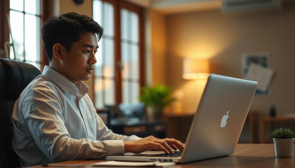 A focused, hardworking Indonesian professional using a laptop, seated at a desk in a cozy, well-lit office setting. Warm, natural lighting filters through large windows, casting a soft, ambient glow. The user's face is partially obscured, emphasizing their intense concentration as they navigate web research and collaborate with team members. The scene conveys a sense of productivity, problem-solving, and the seamless integration of technology into everyday work routines.