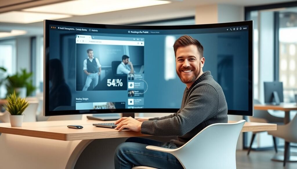 A friendly, approachable individual sitting at a desk, using a futuristic-looking web browser interface on a large, curved display. The user is dressed casually, perhaps in a sweater and jeans, suggesting a comfortable, casual work environment. The background is a clean, modern office space, with minimalist decor and floor-to-ceiling windows providing a sense of openness and natural light. The overall mood is one of productivity, innovation, and the seamless integration of technology into daily life.