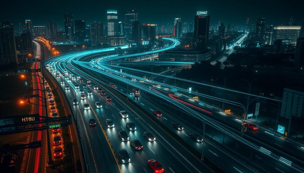 A nighttime cityscape bathed in the ethereal glow of lidar sensors, illuminating the intricate flow of traffic on the roads below. Sleek, futuristic vehicles navigating a dense urban landscape, their movements precisely tracked and analyzed by a network of high-resolution lidar scanners mounted on streetlamps and buildings. The lidar data is fed into an edge GPU system, generating real-time visualizations of traffic patterns and air quality metrics, enabling predictive modeling of congestion and pollution levels. The scene conveys a sense of technological integration, where advanced sensing and computing power collaborate to optimize the urban environment.