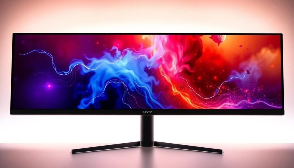 A sleek, high-resolution display monitor with a modern, minimalist design. The screen has a crystal-clear, vibrant display with deep blacks and vivid colors, optimized for gaming, content creation, and daily usage. The monitor is backlit with a soft, even glow, creating a warm and inviting atmosphere. The frame is made of premium materials, such as brushed aluminum, with a slim profile that blends seamlessly into any workspace. Positioned at a slight angle, the monitor offers an immersive and ergonomic viewing experience, perfect for long sessions of gaming, video editing, or browsing the web. A sleek, high-resolution display monitor with a modern, minimalist design. The screen has a crystal-clear, vibrant display with deep blacks and vivid colors, optimized for gaming, content creation, and daily usage. The monitor is backlit with a soft, even glow, creating a warm and inviting atmosphere. The frame is made of premium materials, such as brushed aluminum, with a slim profile that blends seamlessly into any workspace. Positioned at a slight angle, the monitor offers an immersive and ergonomic viewing experience, perfect for long sessions of gaming, video editing, or browsing the web.