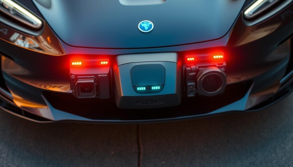 A sleek, modern sensor array mounted on the front bumper of a premium electric vehicle, capturing the world in high-definition. Discrete radar modules, lidar scanners, and high-resolution cameras work in perfect harmony, their data seamlessly fused to create a comprehensive understanding of the vehicle's surroundings. The array is encased in a slim, aerodynamic housing with a matte black finish, blending seamlessly with the vehicle's bold, futuristic design. Subtle LED indicators provide status updates, while the entire assembly is bathed in warm, diffused lighting that creates a sense of advanced technology and capability. The sensor suite operates with lightning-fast precision, processing data in mere milliseconds to enable the vehicle's autonomous driving features with unparalleled responsiveness and safety. A sleek, modern sensor array mounted on the front bumper of a premium electric vehicle, capturing the world in high-definition. Discrete radar modules, lidar scanners, and high-resolution cameras work in perfect harmony, their data seamlessly fused to create a comprehensive understanding of the vehicle's surroundings. The array is encased in a slim, aerodynamic housing with a matte black finish, blending seamlessly with the vehicle's bold, futuristic design. Subtle LED indicators provide status updates, while the entire assembly is bathed in warm, diffused lighting that creates a sense of advanced technology and capability. The sensor suite operates with lightning-fast precision, processing data in mere milliseconds to enable the vehicle's autonomous driving features with unparalleled responsiveness and safety.