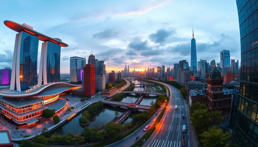 A vibrant cityscape of three global smart cities, captured in a stunning virtual panorama. In the foreground, the towering skyscrapers of Singapore's Marina Bay Sands complex glisten under a warm, golden sunset. Transitioning to the middle ground, the intricate canal network and iconic architecture of Amsterdam unfold, with cyclists and pedestrians navigating the bustling streets. In the background, the iconic silhouette of the New York City skyline rises, its buildings illuminated by a crisp, blue-hued twilight. The scene is imbued with a sense of technological sophistication, showcasing the convergence of advanced urban planning, real-time sensor data, and cutting-edge visualization techniques that define the future of "smart cities."