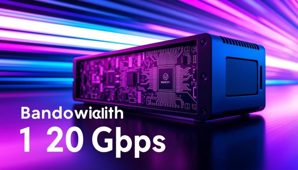 Sleek and modern electronic device with an intricate circuit board display, radiating an aura of technological prowess. The device is highlighted against a backdrop of vibrant blue and purple hues, evoking a sense of speed and power. Intricate details of the circuit board are clearly visible, showcasing the advanced engineering behind the "Bandwidth Boost 120 Gbps" feature. The lighting is dramatic, casting shadows that add depth and dimension to the image. The overall composition conveys a sense of cutting-edge innovation and the ability to handle high-speed data transfers effortlessly. Sleek and modern electronic device with an intricate circuit board display, radiating an aura of technological prowess. The device is highlighted against a backdrop of vibrant blue and purple hues, evoking a sense of speed and power. Intricate details of the circuit board are clearly visible, showcasing the advanced engineering behind the "Bandwidth Boost 120 Gbps" feature. The lighting is dramatic, casting shadows that add depth and dimension to the image. The overall composition conveys a sense of cutting-edge innovation and the ability to handle high-speed data transfers effortlessly.