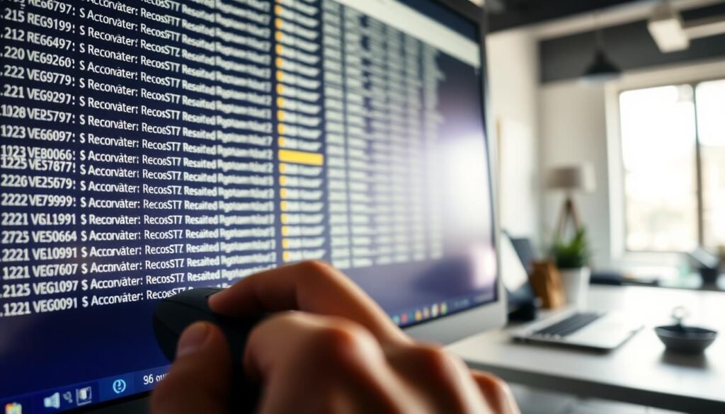 A close-up view of a computer screen displaying the Windows Registry Editor interface, with vivid details showcasing the hierarchical tree structure of registry keys and values. The foreground features a hand using a computer mouse, highlighting the manual interaction with the software. The middle ground includes an array of highlighted registry entries, some selected for deletion or modification, emphasizing the cleaning process. The background shows a softly blurred office environment with a desk and a laptop, illuminated by natural light, creating a productive atmosphere. The image should evoke a sense of focus and professionalism, suitable for users engaged in software cleanup. The overall tone should be clean and clear, with no clutter or distractions.
