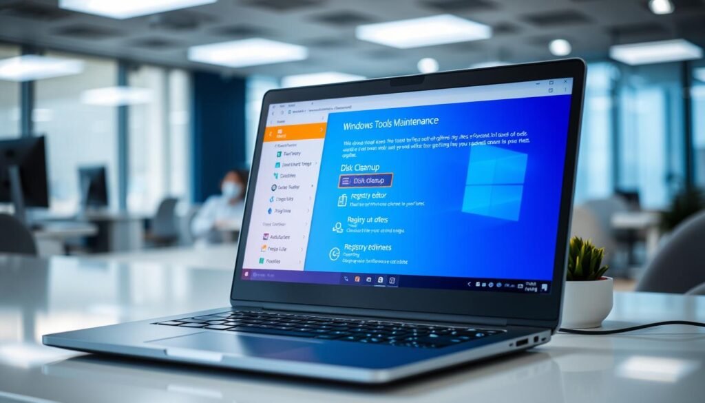 A detailed view of a computer screen displaying the Windows Tools Maintenance interface, featuring essential utilities like Disk Cleanup and Registry Editor. In the foreground, a sleek, modern laptop sits on a clean, organized desk with a subtle reflection of soft overhead lighting. The middle ground showcases a vibrant graphical user interface with highlighted options, conveying a sense of functionality and ease. The background includes a subtle blur of an office setting, with calming blue and white tones that evoke professionalism and clarity. The mood is focused and productive, perfect for illustrating efficient software cleanup without causing system crashes. The image should be well-lit, emphasizing clarity and detail.