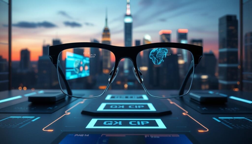 A futuristic scene featuring the innovative X1 Chip AR glasses, prominently displayed in the foreground. The glasses are sleek and modern, with a thin, lightweight frame and translucent lenses reflecting vibrant digital overlays. In the middle ground, a high-tech workspace with holographic displays and advanced sensors creates an immersive atmosphere, showcasing the functionality of the glasses. The background features a city skyline bathed in twilight, symbolizing technological advancement. Soft lighting highlights the glasses' details, with a subtle glow emitting from the lenses. The overall mood is inspiring and cutting-edge, emphasizing the promise of augmented reality technology. The scene includes a focus on the glasses with a clean, minimalist aesthetic, perfect for illustrating the advancements in AR technology.