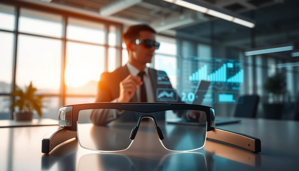 A futuristic setting showcasing the Xreal One Pro AR glasses in an office environment, with a focus on their connectivity features. In the foreground, a pair of sleek AR glasses rests on a modern desk, illuminated by soft, ambient lighting that highlights their advanced design. In the middle ground, a professional individual in business attire is interacting with augmented reality applications projected in front of them, displaying interactive data and graphs. The background features a contemporary office space with large windows, through which natural light streams, creating a bright and inviting atmosphere. The overall mood is innovative and technologically advanced, emphasizing the compatibility and connectivity of the AR glasses in a professional setting.