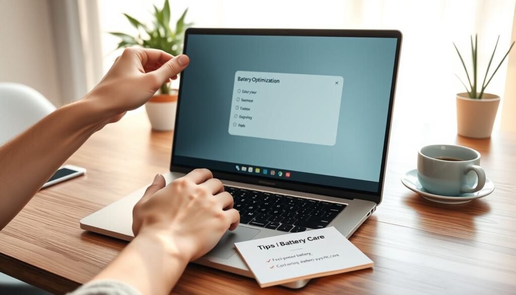 A modern laptop with an open screen displaying battery optimization settings, positioned on a sleek wooden desk. In the foreground, a hand gently adjusts the laptop's power settings while a small notepad with tips for battery care rests nearby. The middle background features a bright and tidy workspace with a potted plant and a mug of coffee, creating a productive atmosphere. Soft natural lighting filters in from a nearby window, casting a warm glow on the scene, enhancing the focus on the laptop. The overall mood is calm and efficient, promoting a sense of organization and care for technology. No text or labels present.