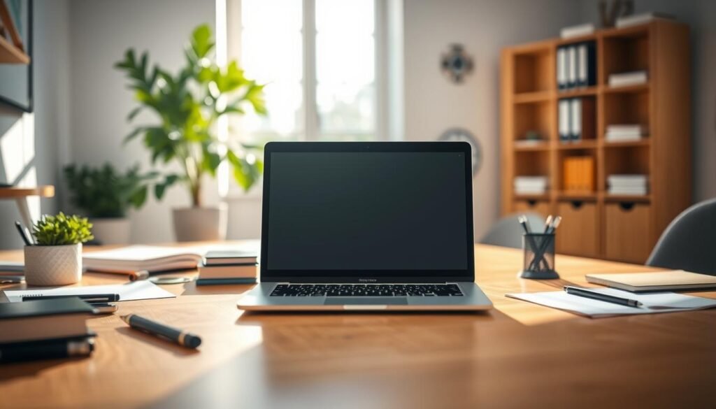 A professional workspace featuring a laptop with its Wi-Fi and Bluetooth features visibly turned off, highlighted by indicators on the screen. In the foreground, an open laptop sits on a wooden desk surrounded by a tidy arrangement of office supplies. The middle ground shows a bright, well-lit room with a large window allowing natural light to illuminate the setting, casting soft shadows. The background includes a plant and a bookshelf with neatly stacked books, creating an inviting and organized atmosphere. Use a shallow depth of field to emphasize the laptop and its features, creating a clean and focused image. The mood is calm and efficient, reflecting a productive work environment that promotes battery conservation.