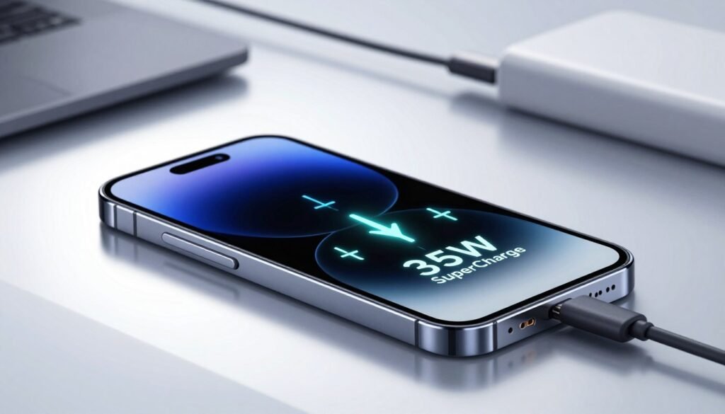 A close-up shot of a modern smartphone showcasing a charging interface with a prominent display of the "35W SuperCharge" feature. The foreground features the smartphone angled at 45 degrees on a sleek, reflective surface, capturing the light elegantly. In the middle, there are stylized, glowing charging symbols and a fast-charging indicator graphic that hints at speed and efficiency. The background consists of a soft-focus, contemporary workspace with subtle hints of technology, such as charging cables and a power bank. The lighting is bright and dynamic, illuminating the smartphone to convey an atmosphere of high-tech energy and innovation. The overall mood is sleek, professional, and futuristic, emphasizing the rapid charging capability of the device.