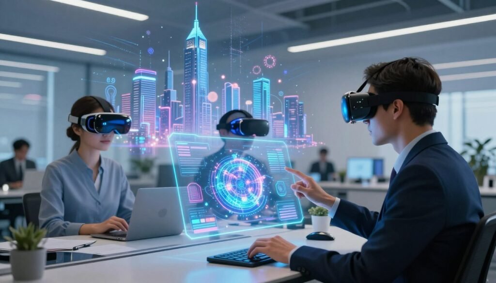 A futuristic office environment showcasing the synergy of AI, AR, and VR technologies driving the evolution of the metaverse. In the foreground, a professional individual wearing smart business attire interacts with a holographic interface, displaying vibrant, interactive 3D models. The middle layer features sleek, advanced AR glasses and VR headsets, symbolizing immersive experiences. In the background, a digital cityscape filled with skyscrapers and floating data streams illustrates the vast possibilities of the metaverse. Soft, ambient lighting casts an ethereal glow, enhancing the high-tech atmosphere. The angle is slightly tilted upward to emphasize the expansive digital horizon. The mood is innovative and optimistic, capturing the essence of technological advancement and futuristic exploration.