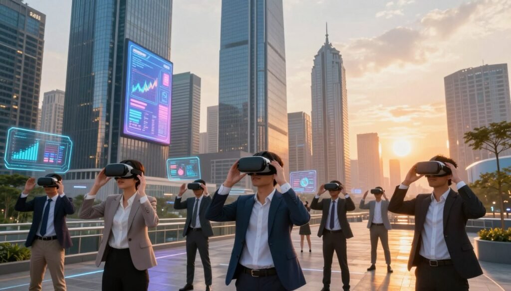 A vibrant digital landscape depicting the metaverse in 2025, with a futuristic city filled with skyscrapers made of glass and holographic billboards showcasing data metrics and growth statistics. In the foreground, a diverse group of professionals in smart business attire are engaged in virtual reality experiences, wearing sleek VR headsets. The middle ground features interactive digital interfaces and augmented reality elements blending seamlessly into the environment. The background showcases a stunning sunset casting warm, golden light over the city, creating an atmosphere of innovation and ambition. The composition captures a dynamic perspective, emphasizing depth with leading lines. Ensure a professional and optimistic mood, highlighting the transformative potential of the metaverse in the coming years.